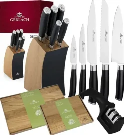 GERLACH DECO BLACK Komplet 5 noży w bloku + ostrzałka 2w1 + komplet desek dębowych