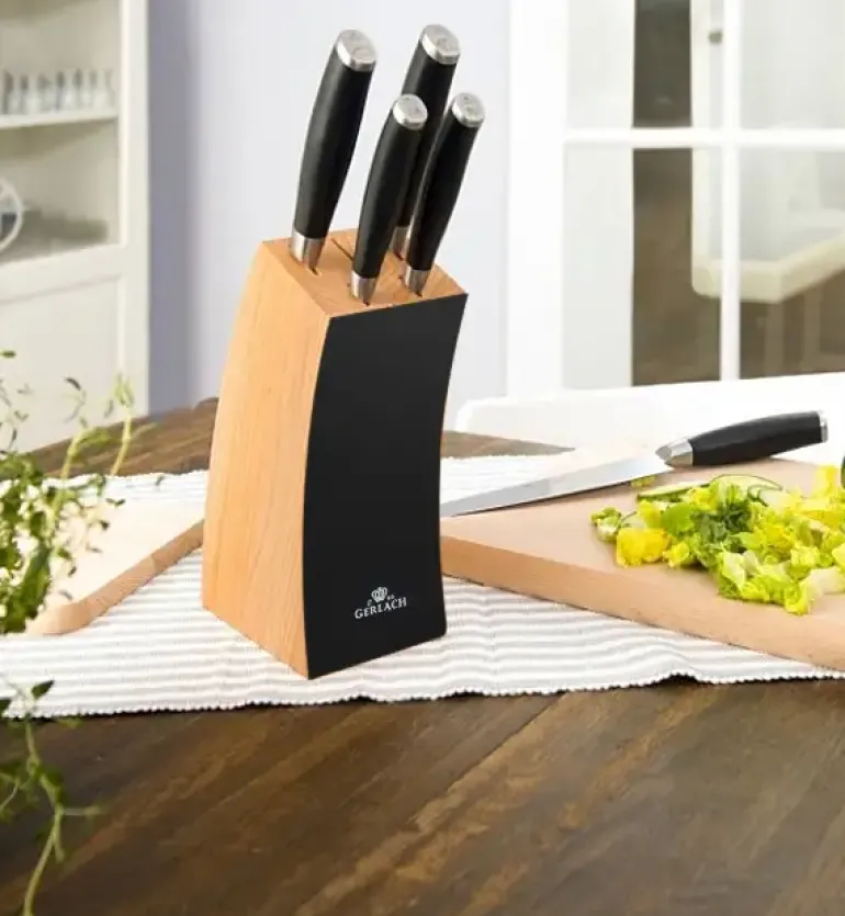 GERLACH DECO BLACK Komplet 5 noży w bloku + Natur Tasak do ziół z deską + Deska Natur 30 x 24 cm