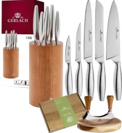 GERLACH FINE Komplet 5 noży w bloku + Natur Tasak z deską do ziół + deska dębowa