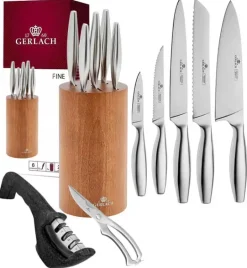 GERLACH FINE Komplet 5 noży w bloku + ostrzałka 3w1 Granitex +nożyce stalowe do drobiu