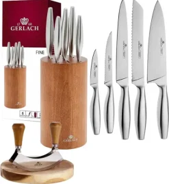 GERLACH FINE Komplet 5 noży w bloku + Natur Tasak do ziół z deską