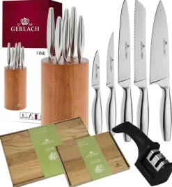 GERLACH FINE Komplet 5 noży w bloku + ostrzałka 2w1 + komplet desek