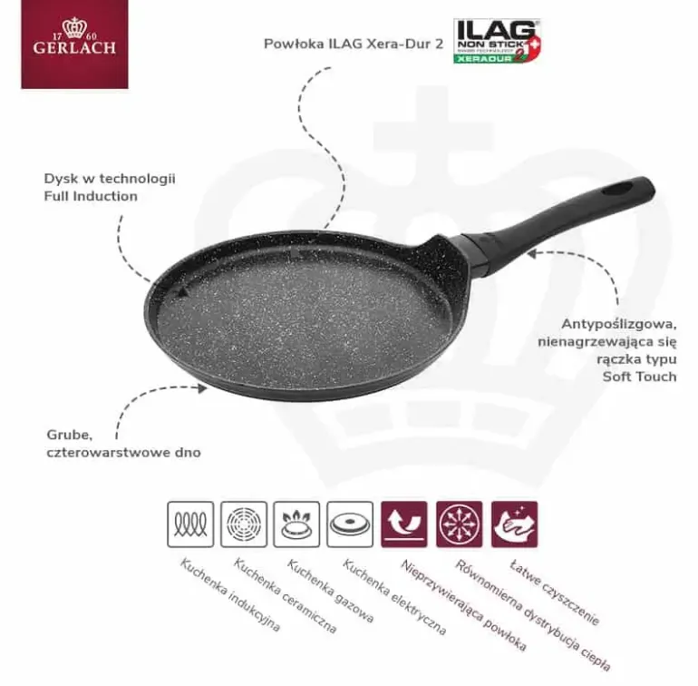 GERLACH GRANITEX Komplet 2 garnki + rondel + 3 patelnie + naleśnikowa / indukcja