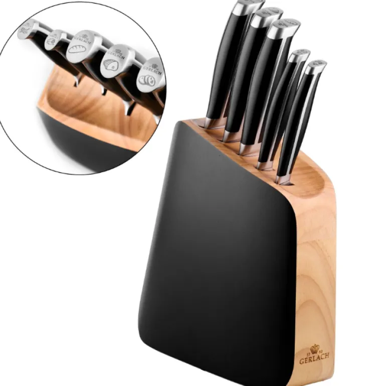 GERLACH LOFT Komplet 5 noży w bloku + ostrzałka 3w1 + deska dębowa