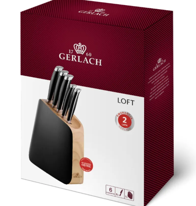 GERLACH LOFT Komplet 5 noży w bloku + ostrzałka 3w1 + deska dębowa