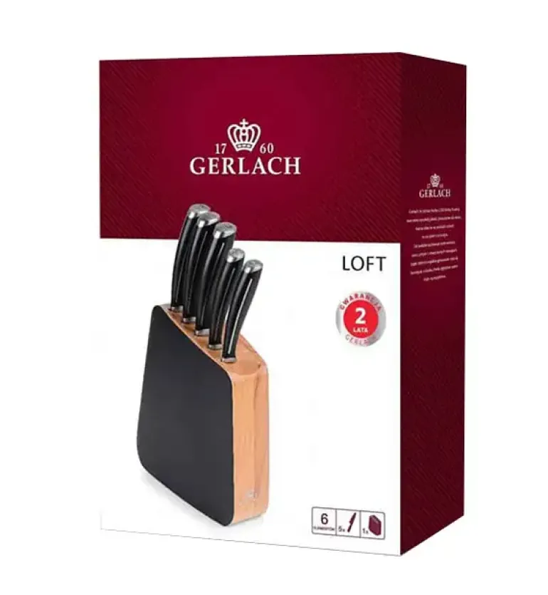 GERLACH LOFT Komplet 5 noży w bloku + ostrzałka 3w1 uni czerwona