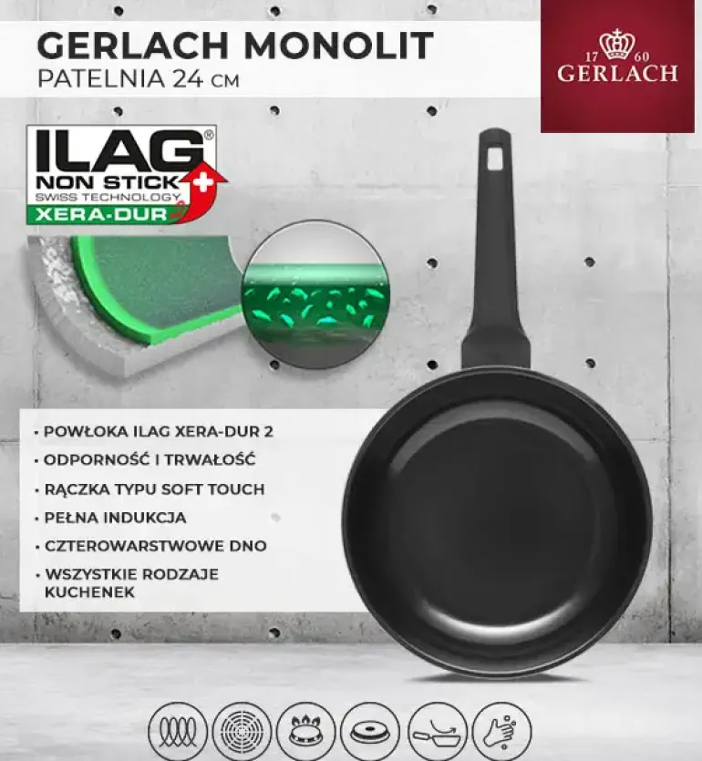 GERLACH MONOLIT Patelnia 24 cm / szwajcarska powłoka ceramiczną ILAG Xera Dur 2® / aluminium