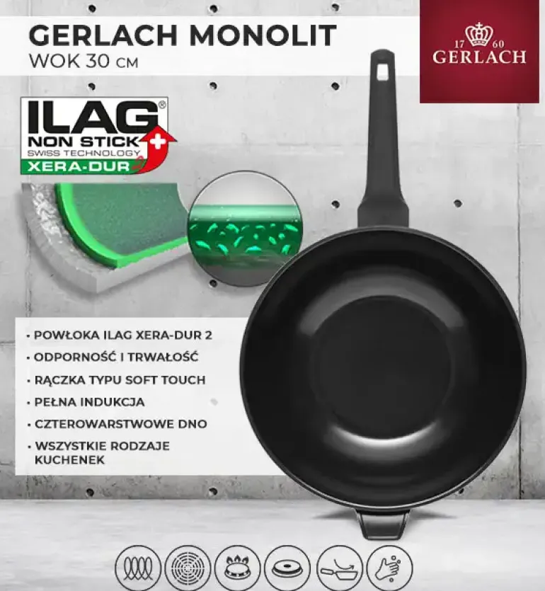 GERLACH MONOLIT Wok 30 cm / szwajcarska powłoka ceramiczną ILAG Xera Dur 2® / aluminium