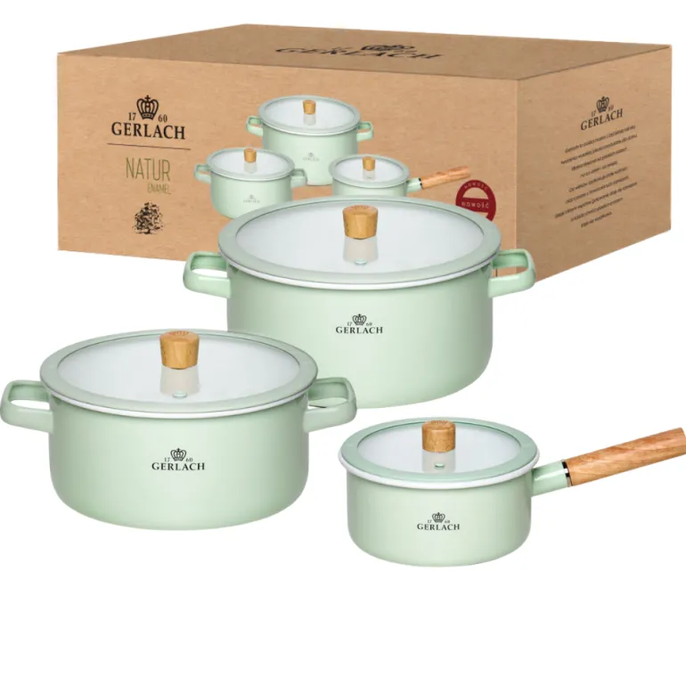 GERLACH NATUR ENAMEL Komplet Garnki z pokrywkami 6 el / zielony / emalia