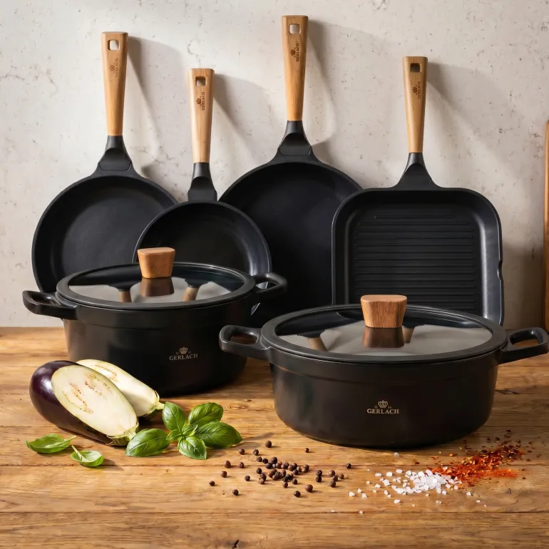 GERLACH NATUR Komplet garnków 24, 28 cm + Patelnie Natur 20, 24, 28 cm + patelnia grillowa 24 cm