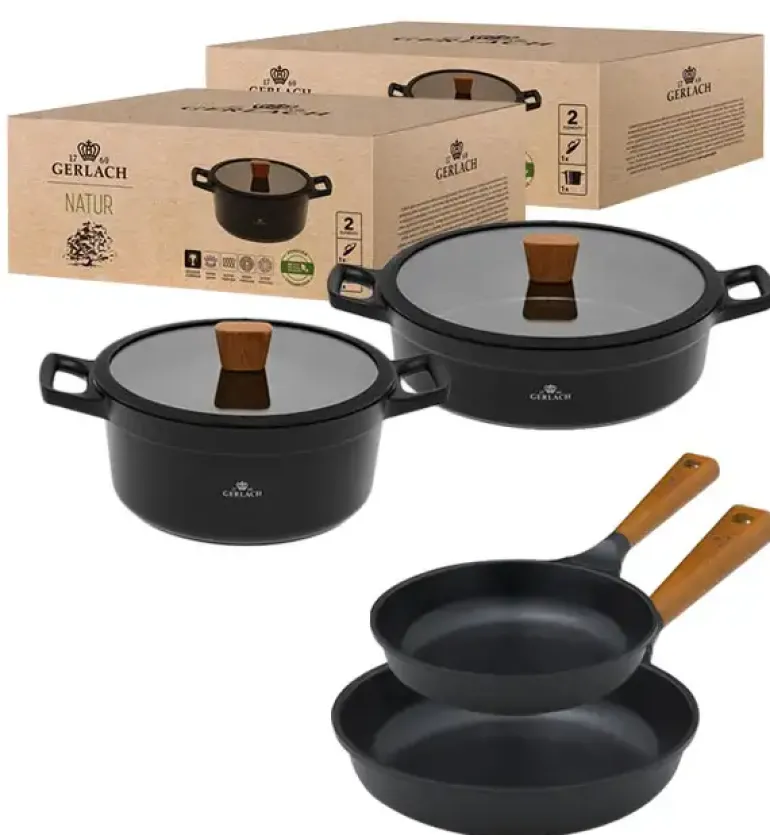 GERLACH NATUR Komplet garnków 24, 28 cm / 4,5 /4,2 L + Patelnie Natur 24, 28 cm / powłoka ILAG Xera Dur 2 Ceramic / indukcja