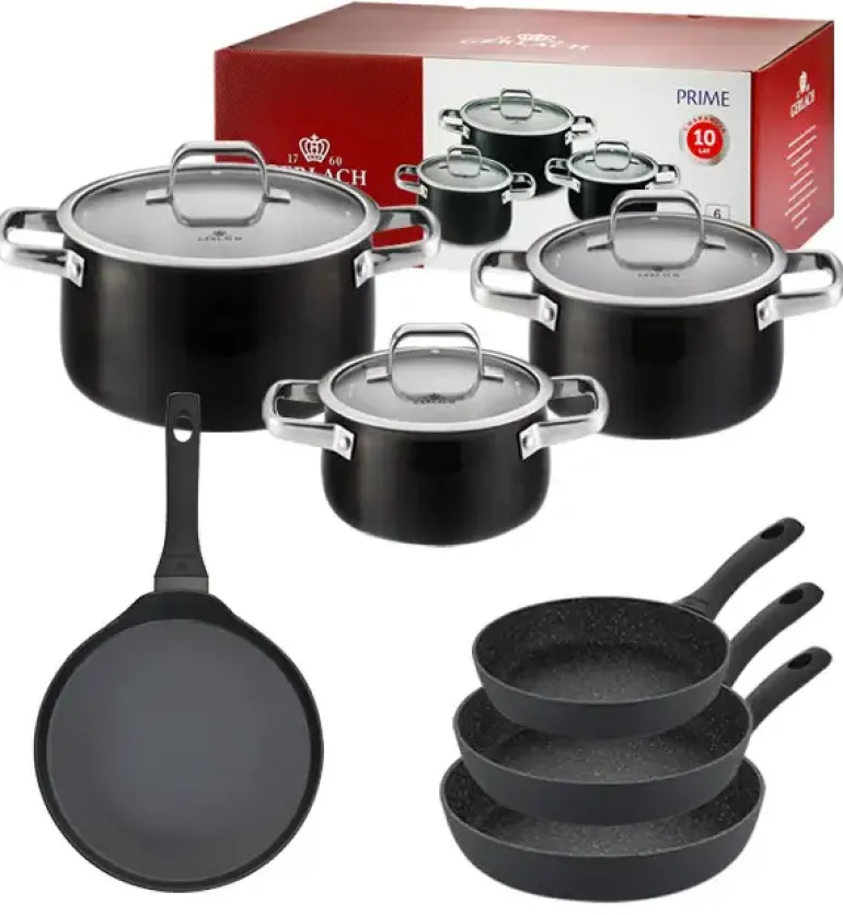 GERLACH PRIME Komplet Garnki z pokrywkami 6 el / stal nierdzewna + Patelnia naleśnikowa 26 cm + Patelnia Granitex 20, 24, 28 cm