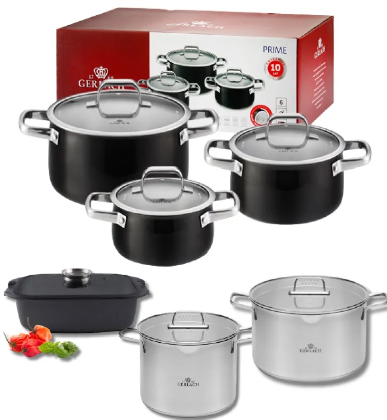 GERLACH PRIME Komplet Garnki z pokrywkami 6 el + Garnki Gerlach Ambiente 7 l i 10 l + Brytfanna Granitex
