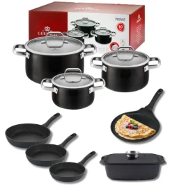 GERLACH PRIME Komplet Garnki z pokrywkami 6 el / stal nierdzewna + Patelnia naleśnikowa 26 cm + Patelnia Granitex 20, 24, 28 cm + Patelnia naleśnikowa + Brytfanna
