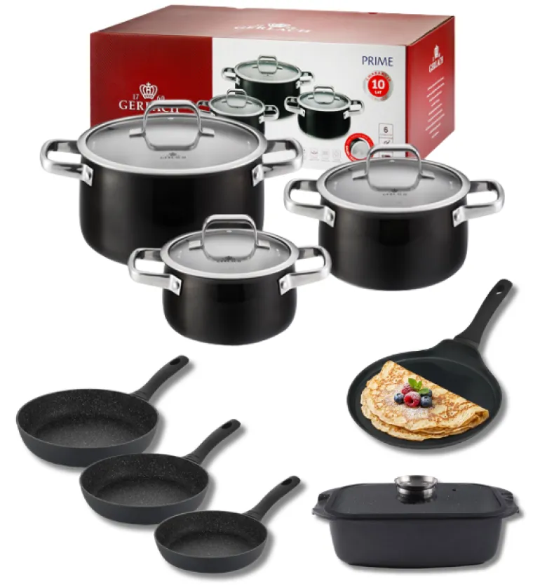 GERLACH PRIME Komplet Garnki z pokrywkami 6 el / stal nierdzewna + Patelnia naleśnikowa 26 cm + Patelnia Granitex 20, 24, 28 cm + Patelnia naleśnikowa + Brytfanna