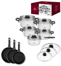 GERLACH PURE Komplet Garnki z pokrywkami 10 el / indukcja + Gerlach Harmony Classic Patelnia 20, 24, 28 cm + Pokrywki szklane