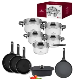 GERLACH PURE Komplet Garnki z pokrywkami 10 el / indukcja + Gerlach Harmony Classic Patelnia 20, 24, 28 cm + Patelnia naleśnikowa 26 cm + Brytfanna Granitex 32 cm