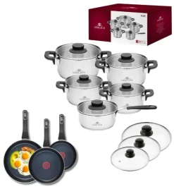 GERLACH PURE Komplet Garnki z pokrywkami 10 el / indukcja + Gerlach Ambiente Patelnia 20, 24, 28 cm + Pokrywki szklane