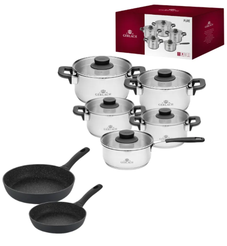 GERLACH PURE Komplet Garnki z pokrywkami 10 el / indukcja + Gerlach Granitex Patelnia 20, 28 cm