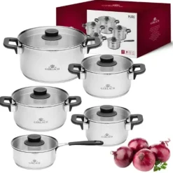 GERLACH PURE Komplet Garnki z pokrywkami 10 el / indukcja + Gerlach Granitex Patelnia 20, 24, 28 cm + Patelnia naleśnikowa 26 cm + Brytfanna Granitex z pokrywką