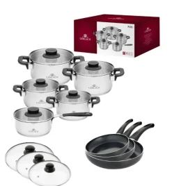 GERLACH PURE Komplet Garnki z pokrywkami 10 el / indukcja + Gerlach Initial Patelnia 20, 24, 28 cm + Pokrywki szklane