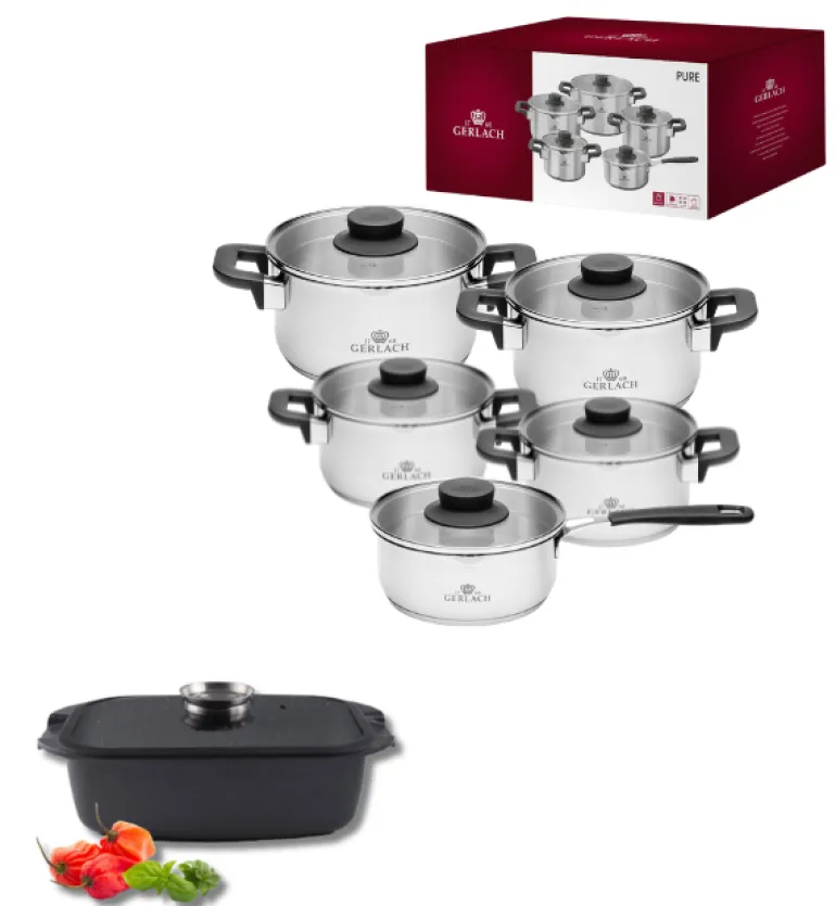 GERLACH PURE Komplet Garnki z pokrywkami 10 el / indukcja + Gerlach Granitex Brytfanna