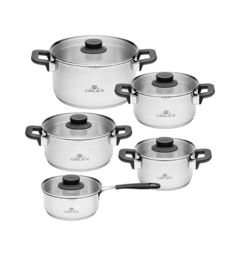 GERLACH PURE Komplet Garnki z pokrywkami 10 el / indukcja + Gerlach Initial Patelnia 20, 24, 28 cm + Patelnia naleśnikowa 26 cm
