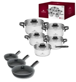 GERLACH PURE Komplet Garnki z pokrywkami 10 el / indukcja + Gerlach Granitex Patelnia 20, 24, 28 cm + pokrywki szklane