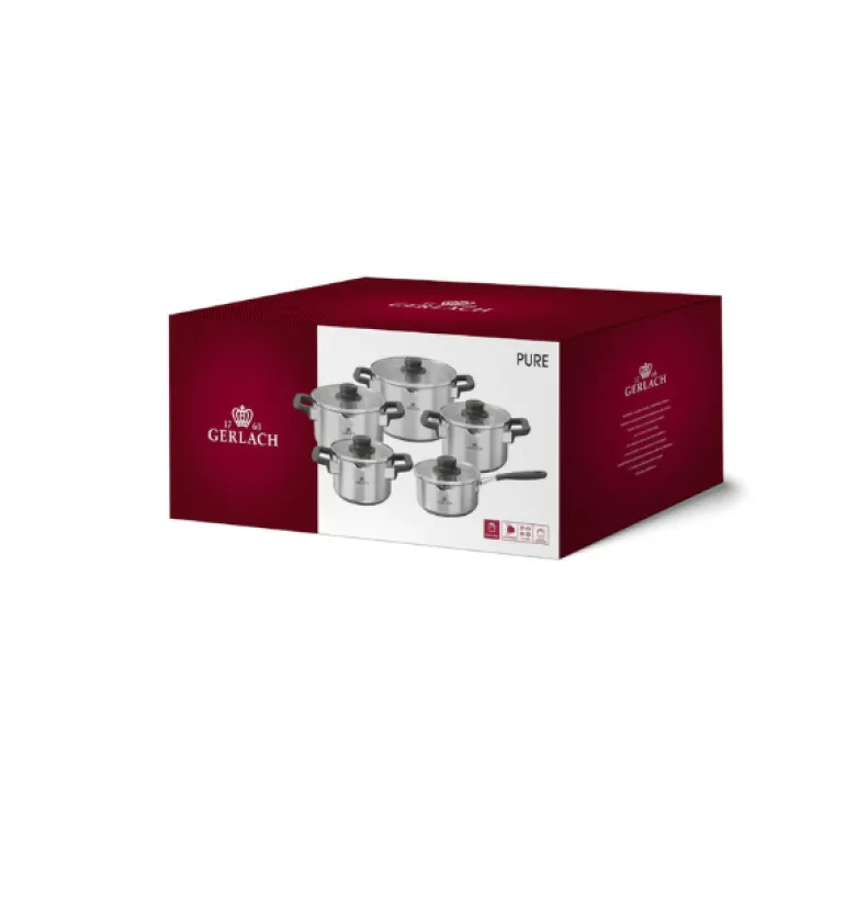 GERLACH PURE Komplet Garnki z pokrywkami 10 el / indukcja + Gerlach Initial Patelnia 20, 24, 28 cm + Patelnia naleśnikowa 26 cm + Brytfanna Granitex