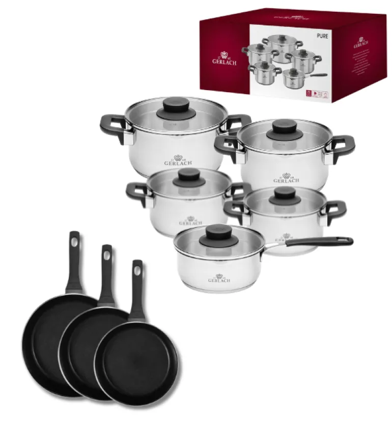 GERLACH PURE Komplet Garnki z pokrywkami 10 el / indukcja + Gerlach Harmony Classic Patelnia 20, 24, 28 cm