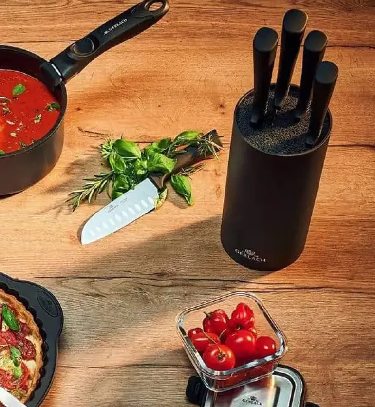GERLACH SMART BLACK 994 Zestaw noży w bloku 6 elementów + ostrzałka 2w1 / antypoślizgowa rękojeść / 994CZARNY/2w1