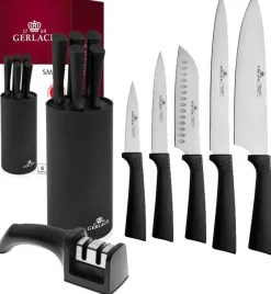 GERLACH SMART BLACK 994 Zestaw noży w bloku 6 elementów + ostrzałka 2w1 / antypoślizgowa rękojeść / 994CZARNY/2w1