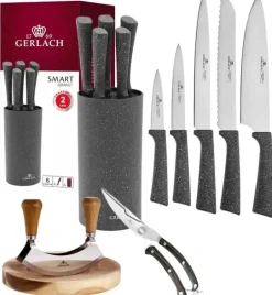 GERLACH SMART GRANIT Komplet 5 noży w bloku + Tasak do ziół z deską +nożyce drewniane do drobiu
