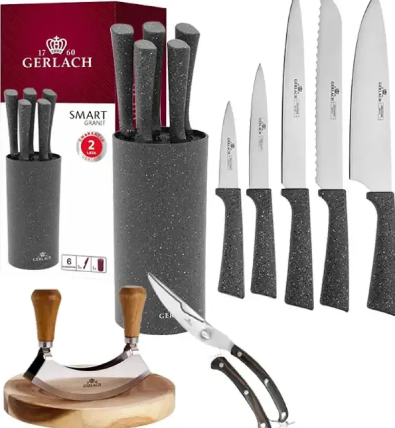 GERLACH SMART GRANIT Komplet 5 noży w bloku + Tasak do ziół z deską +nożyce drewniane do drobiu