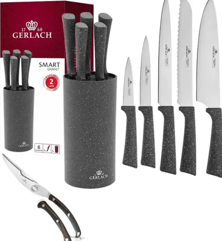 GERLACH SMART GRANIT Komplet 5 noży w bloku + nożyce drewniane do drobiu