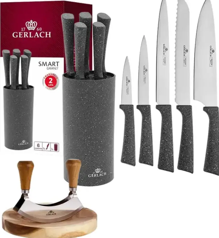GERLACH SMART GRANIT Komplet 5 noży w bloku + Tasak do ziół z deską