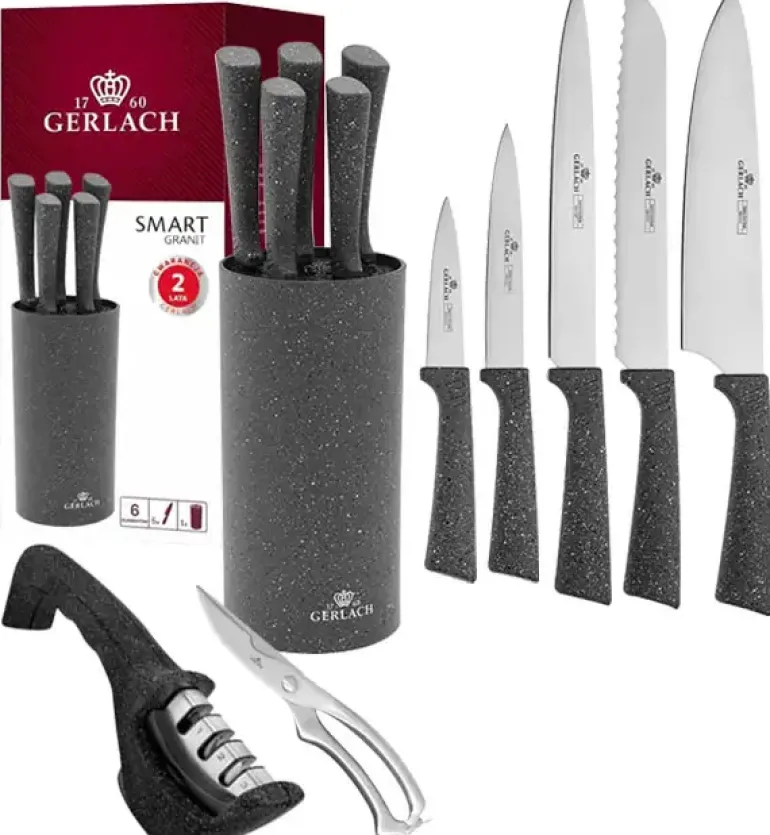 GERLACH SMART GRANIT Komplet 5 noży w bloku + ostrzałka 3w1 + nożyce stalowe do drobiu