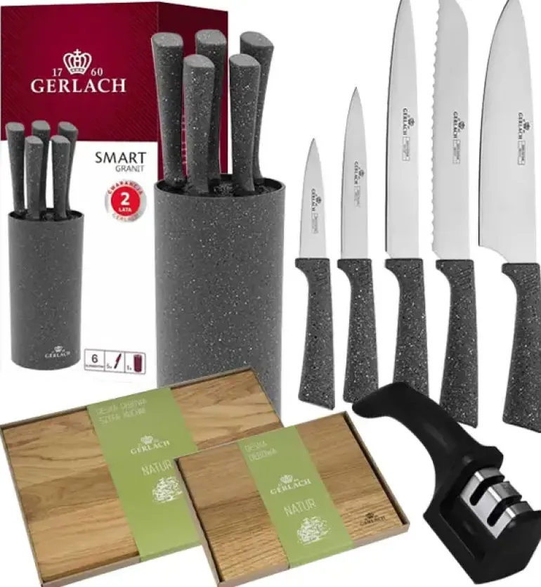 GERLACH SMART GRANIT Komplet 5 noży w bloku + ostrzałka 2w1 + komplet desek dębowych