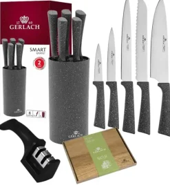 GERLACH SMART GRANIT Komplet 5 noży w bloku + ostrzałka 2w1 + deska dębowa