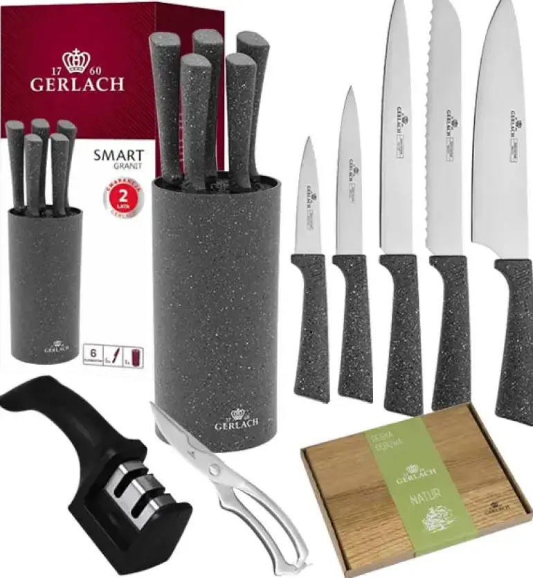 GERLACH SMART GRANIT Komplet 5 noży w bloku + ostrzałka 2w1 + nożyce do drobiu + deska