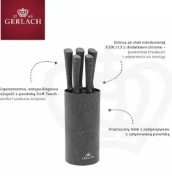 GERLACH SMART GRANIT Komplet 5 noży w bloku + Tasak do ziół z deską +deska Natur mała