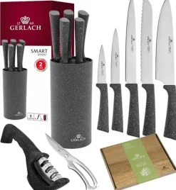 GERLACH SMART GRANIT Komplet 5 noży w bloku + ostrzałka 3w1 +deska drewniana Natur + nożyce stalowe do drobiu