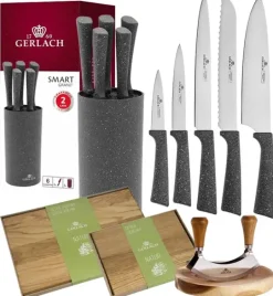 GERLACH SMART GRANIT Komplet 5 noży w bloku + Tasak do ziół z deską +komplet dwóch desek
