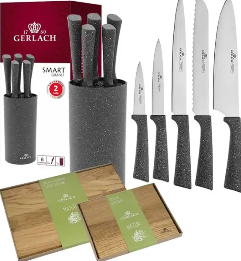 GERLACH SMART GRANIT Komplet 5 noży w bloku + komplet desek dębowych