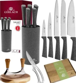 GERLACH SMART GRANIT Komplet 5 noży w bloku + Tasak do ziół z deską +deska Natur mała+ nożyce stalowe do drobiu