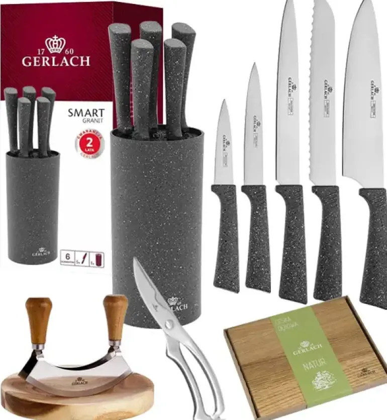 GERLACH SMART GRANIT Komplet 5 noży w bloku + Tasak do ziół z deską +deska Natur mała+ nożyce stalowe do drobiu