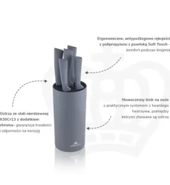 GERLACH SMART GREY Komplet 5 noży w bloku +ostrzałka 3w1