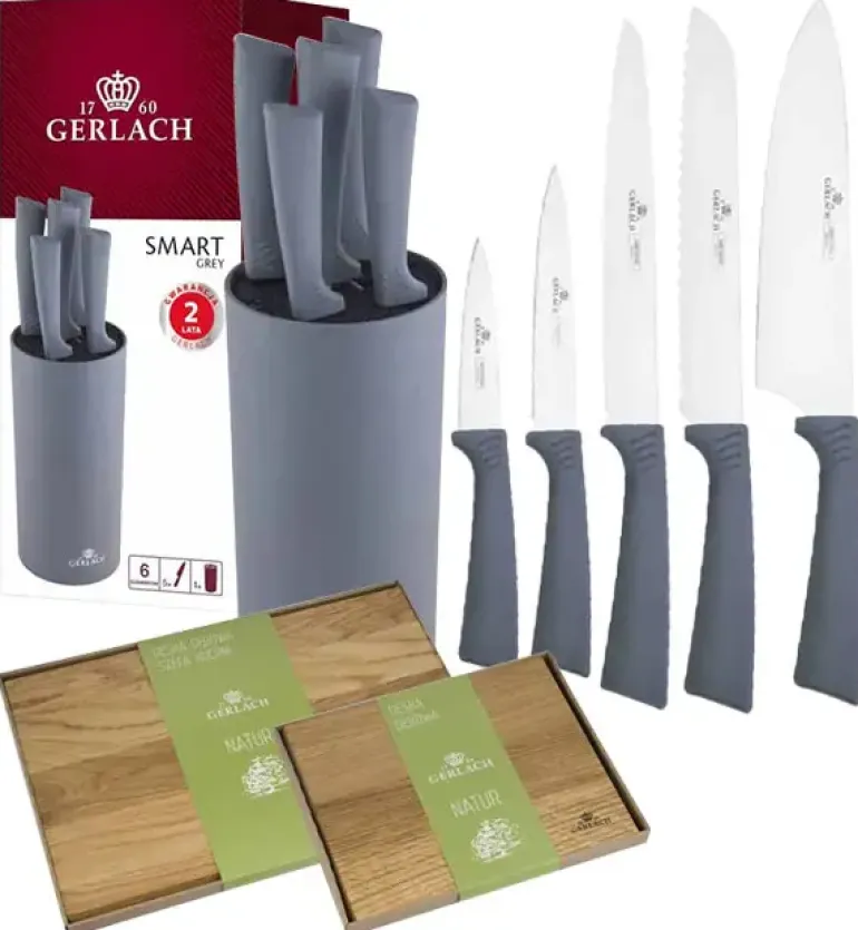 GERLACH SMART GREY Komplet 5 noży w bloku + komplet desek dębowych