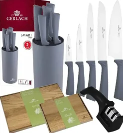 GERLACH SMART GREY Komplet 5 noży w bloku + ostrzałka 2w1 + komplet desek dębowych