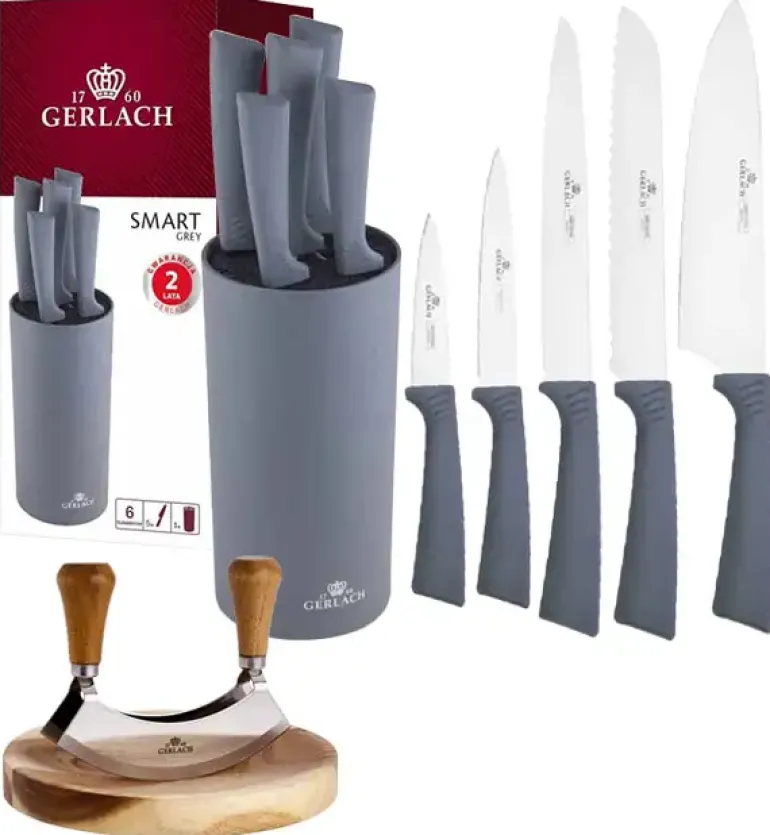 GERLACH SMART GREY Komplet 5 noży w bloku + Tasak do ziół z deską